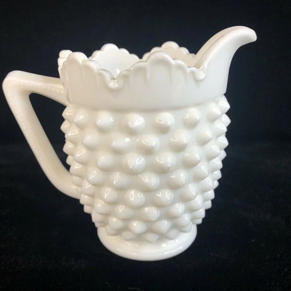 Fenton White Hobnail Milk Glass Creamer‎ Pitcher 4” Tall 8 Ounce Scalloped VTG